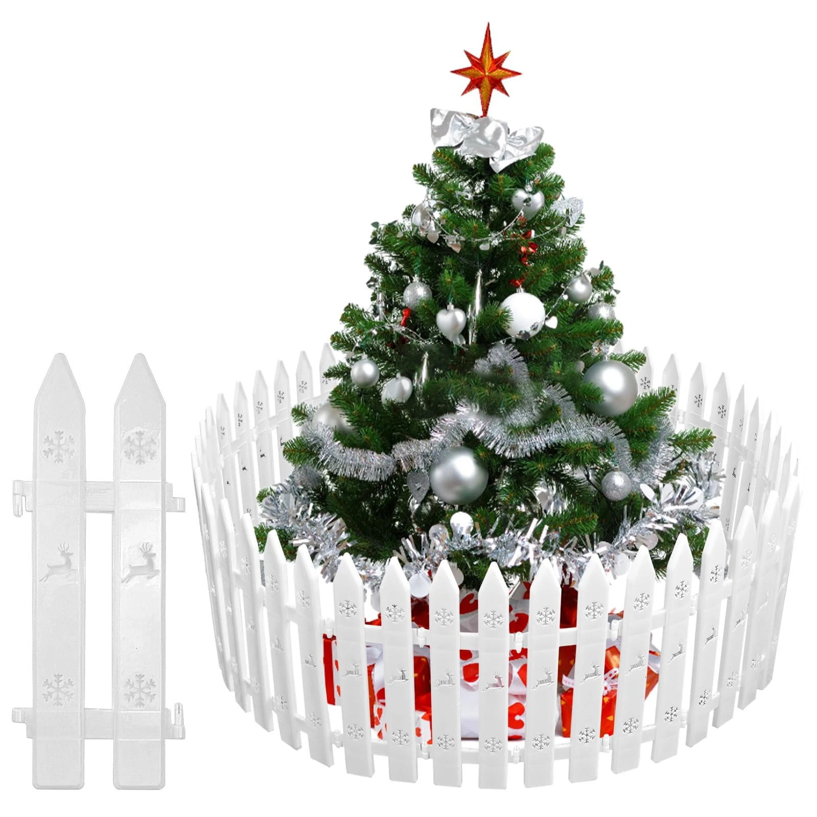 EUIEUT 25 Pieces Christmas Tree Fence Plastic White Picket Fence Panels 12 Inches Christmas Tree Guard Snowflake Reindeer Fences for Xmas Home Wedding Fairy Garden Party Decoration, 10x30cm