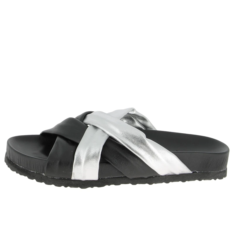 Andrea Conti Women's Mules Flat Slippers, Black Silver, 6 UK