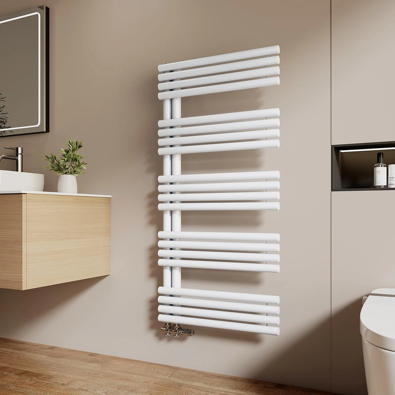 EMKE Hot Water Towel Dryer for Bathroom, 1265 x 600 mm, Round Towel Rings, Towel Warmer with Side Fittings, Bath Towel Warmer, White 776W