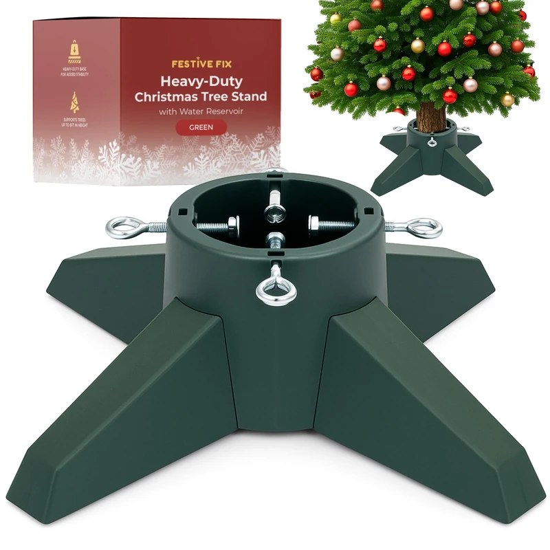 Festive Fix Christmas Tree Stand – Heavy-Duty 6ft Holder with Water Reservoir, Stable Base for Real Trees, Quick Assembly with Metal Bolts
