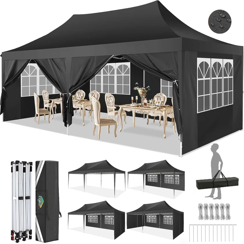 COBIZI Gazebo Party Tent, 3 x 6 cm, Waterproof, Sturdy, Winterproof, Pop-Up Folding Gazebo with 6 Side Panels, Commercial Instant Hinged Canopies, Outdoor Garden Tent, Party Tent for Party, Festival, - Image 1