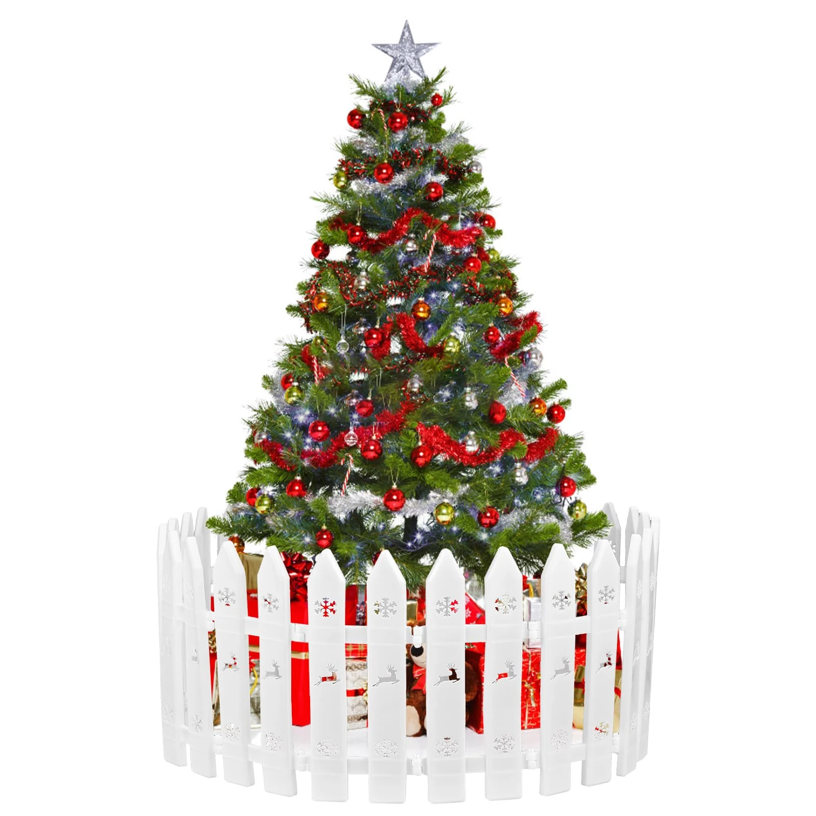 EUIEUT Christmas Tree Fence, 15 PCS Plastic White Picket Fence Panels 12 Inches Christmas Tree Guard Snowflake Reindeer Fences for Xmas Home Wedding Fairy Garden Party Decoration, 10x30cm