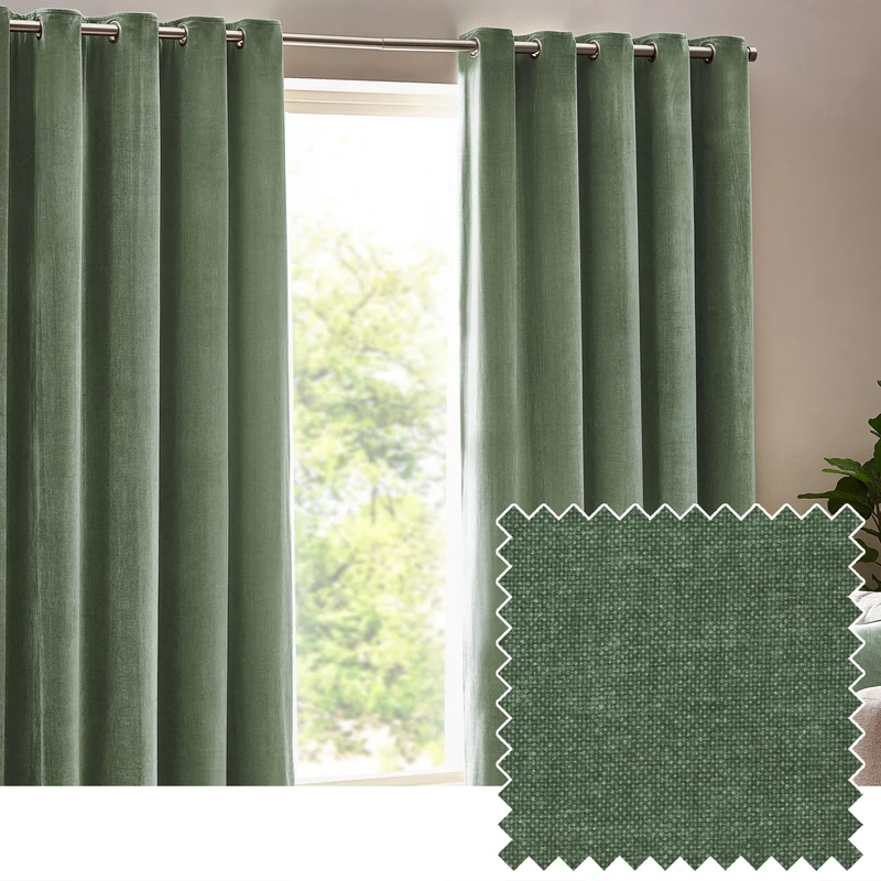 Yard Heavy Chenille Eyelet Curtain Pair – Lined Room Darkening, Soft Velvet Home Décor (Eucalyptus - Width 229 x Drop 137cm)