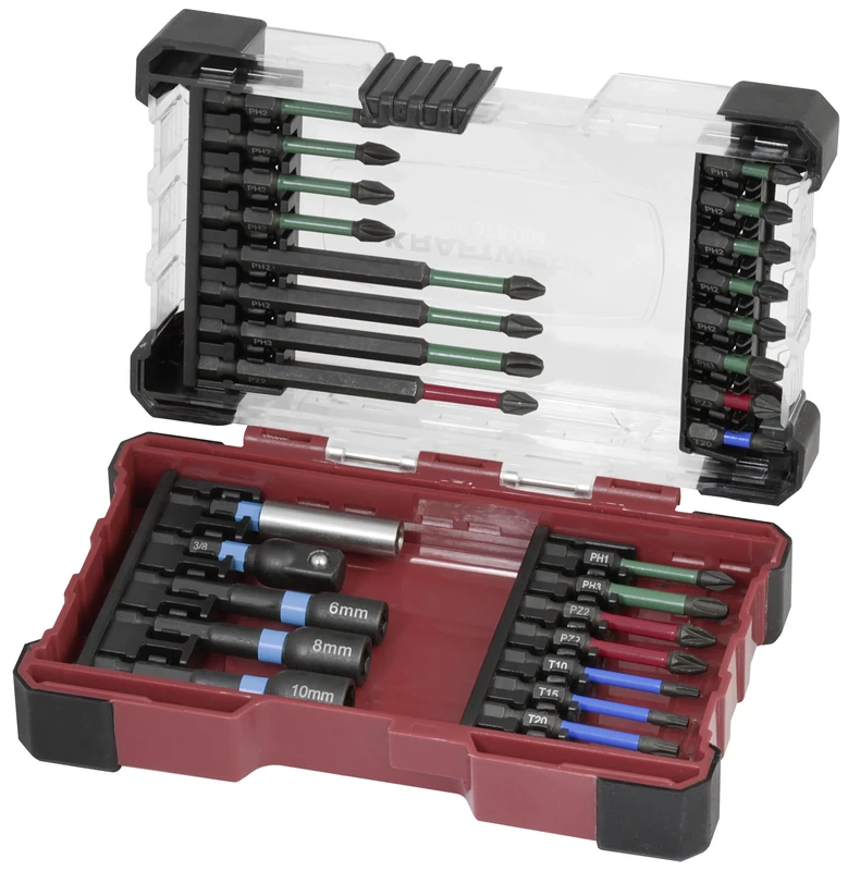 KRAFTWERK Impact Screwdriver Bits Set 29 Pieces | Bit Set for Cordless Screwdrivers | Torsion Bit Set with Colour Marking | Bit Set Long in Extremely Robust Plastic Box | KRAFTWERK Bit Box Item No.