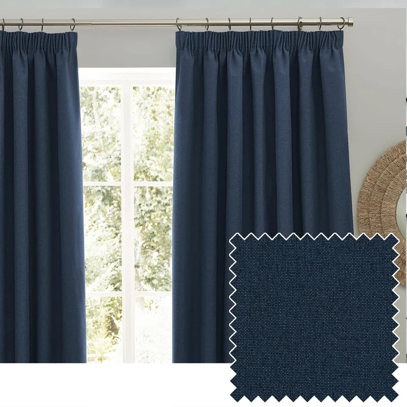 furn. Dawn Textured Blackout Pencil Pleat Curtains – Thermal Lined Pair (Blue - Width 229 x Drop 137cm)