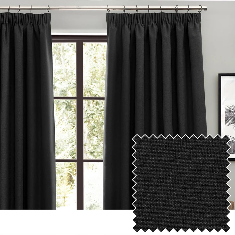 furn. Dawn Textured Blackout Pencil Pleat Curtains – Thermal Lined Pair (Black - Width 117 x Drop 137cm)