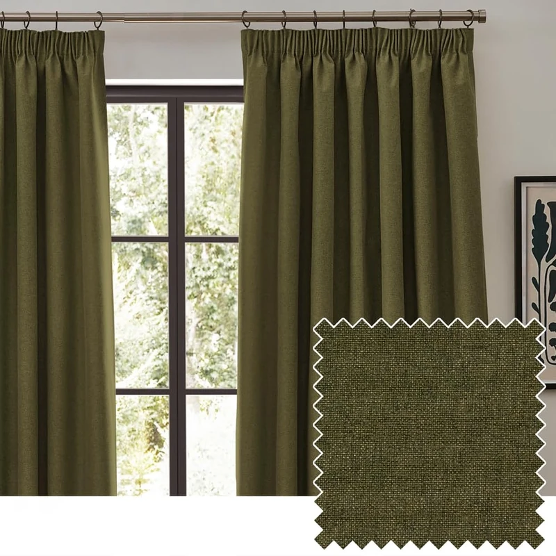 furn. Dawn Textured Blackout Pencil Pleat Curtains – Thermal Lined Pair (Green - Width 229 x Drop 183cm)