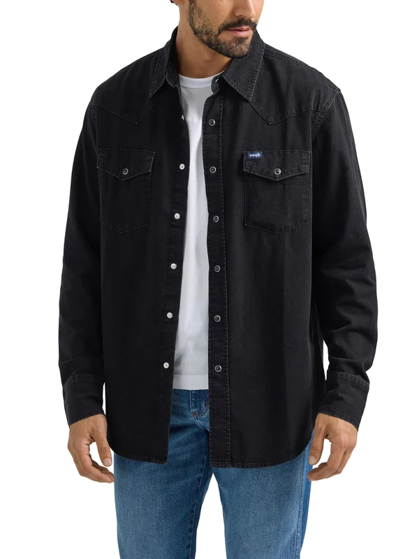 Wrangler Men's Denim Collection Snap Shirt, Black Denim, XXL - Image 1