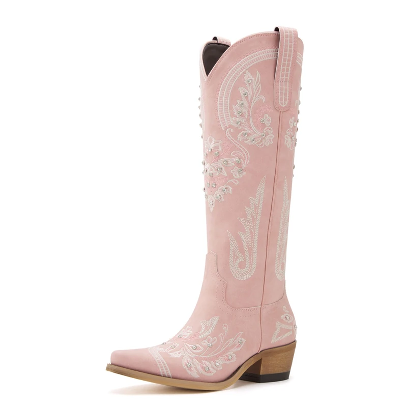 Western Cowboy Boots for Women Embroidered Rhinestones Knee High Cowgirl Boots Pointed Toe Chunky Heel Fashion Retro Classic Tall Boot, Pink, 6 UK