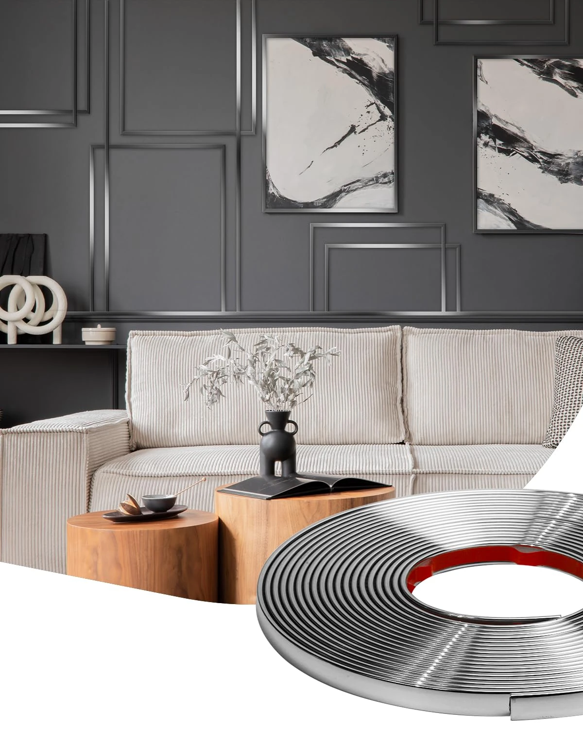 Orgthin 8M Peel and Stick Trim, Chrome Silver Flexible PVC Self Adhesive Moulding Strip, Waterproof Wall Trim, Tile Edge, Mirror & Window Frame Border (W:1 cm, T:0.25 cm)