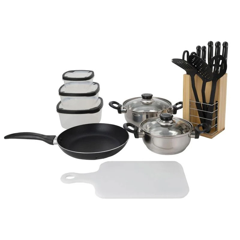 Well Home 18 Piece Cookware Set (1 x Frying Pan + 2 Saucepans + 1 Cutting Board + 1 Scissors + 3 Nylon Utensils + 4 Tuppers + 1 Wooden Block