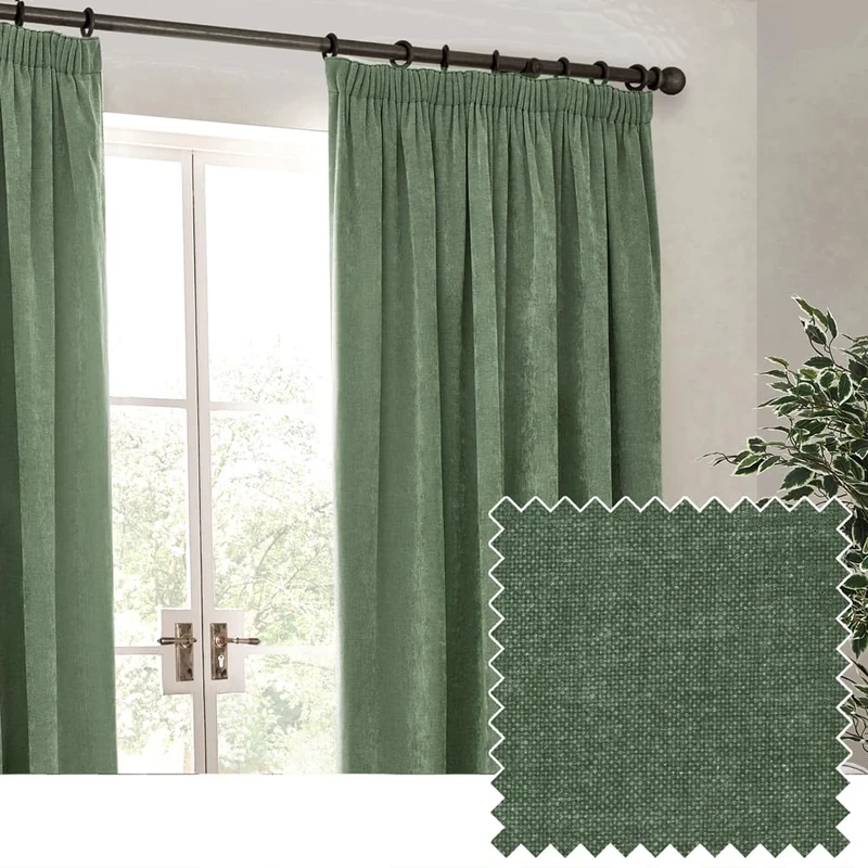 furn. Yard Heavy Chenille Pencil Pleat Curtain Pair – Lined Room Darkening Soft Velvet Curtains (Eucalyptus - Width 168 x Drop 137cm), Green