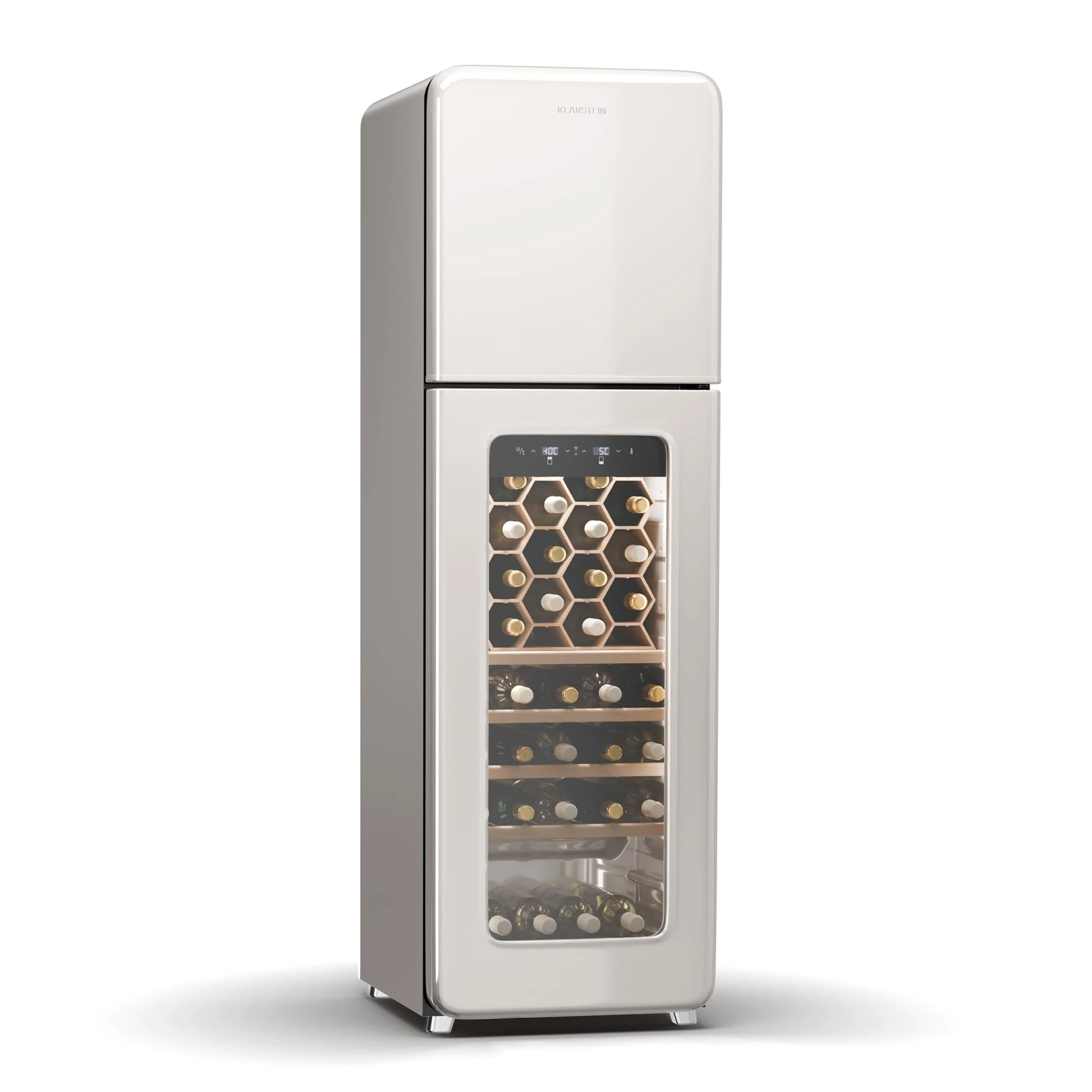 Klarstein Shirley Free-Standing Wine Fridge - 63 Bottle Capacity, Dual Zone, -10 to 18°C, LED Lighting, Hybrid Shelves, Retro Design, Wine Cooler Freezer