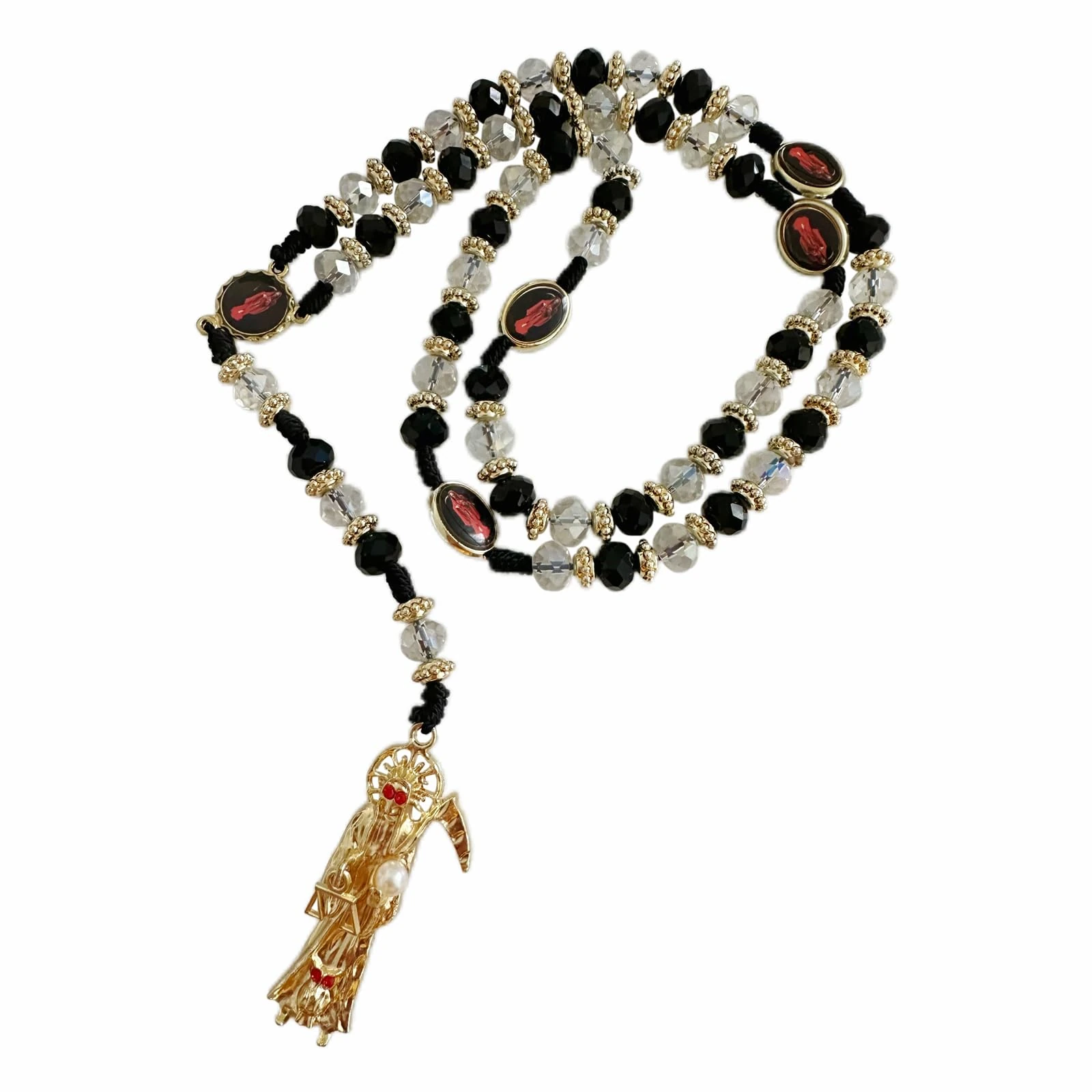 Santa Muerte Necklace Rosaries Beads Holy Death's Necklace Blessing Crafted Rosario de la santa muerte Prayer Gift For Men and Women, One Size, Crystal, No Gemstone