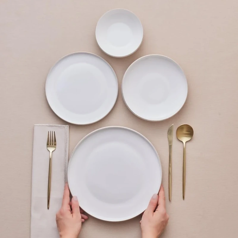 Karaca Saturn White Dinnerware Sets, Modern Kitchen Dinner Set for 6 People, 24-Piece Plates and Bowls Sets, Bone China Material, Durable & Elegant Gold Trim