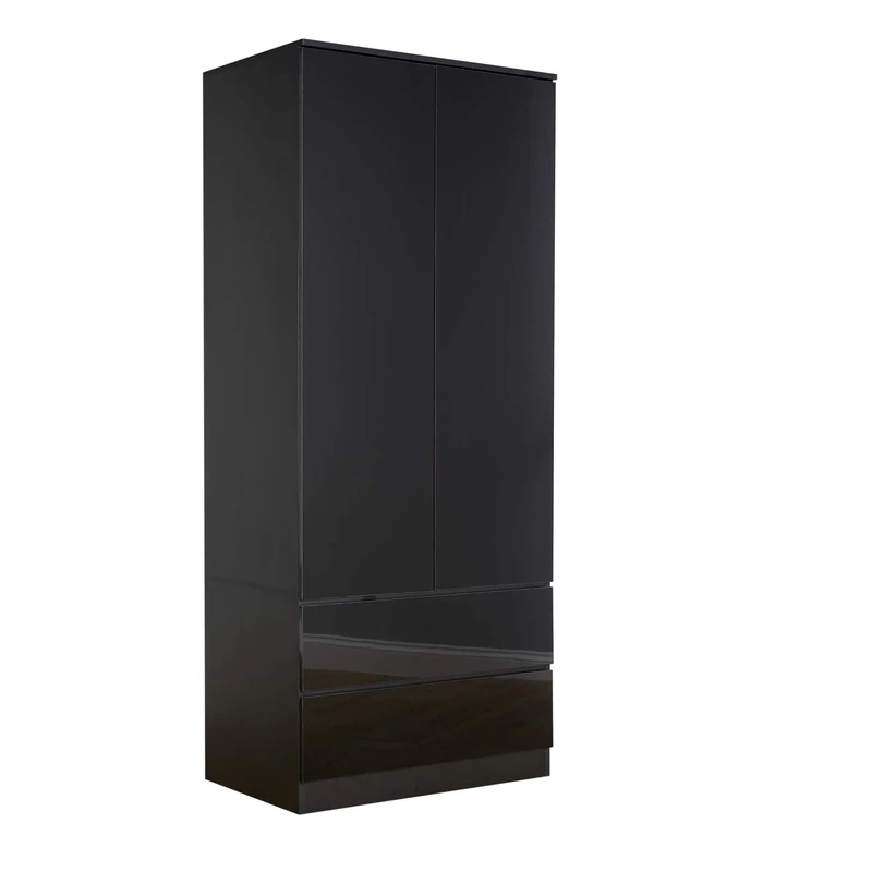 Home Source 2 Door Wardrobe, High Gloss Front Spacious Closet Organiser, Bedroom Dresser Storage Cabinet, 2 Drawer, Black