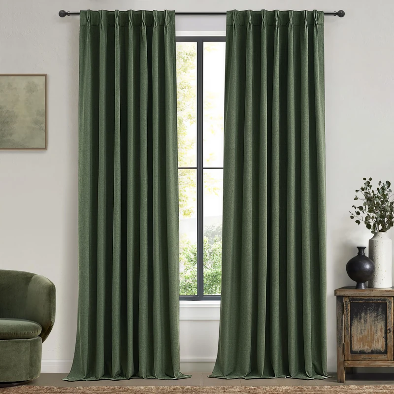 QJmydeco 100 Inch Curtains for Classroom, 100 Percent Blackout Thermal Window Curtains for Sliding Glass Door Dark Olive Green Moody Heavy Duty Drapes Linen Pinch Pleated (40W x 100 x 2 Panels)