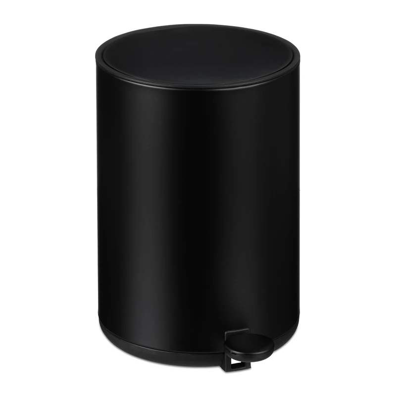Relaxdays Bathroom Waste, 5L, Round, Soft-Close Cosmetics Trash Can, Matt Finish, Removable Inner Bin, Pedal, Black, Steel, 25 x 17 x 22 cm