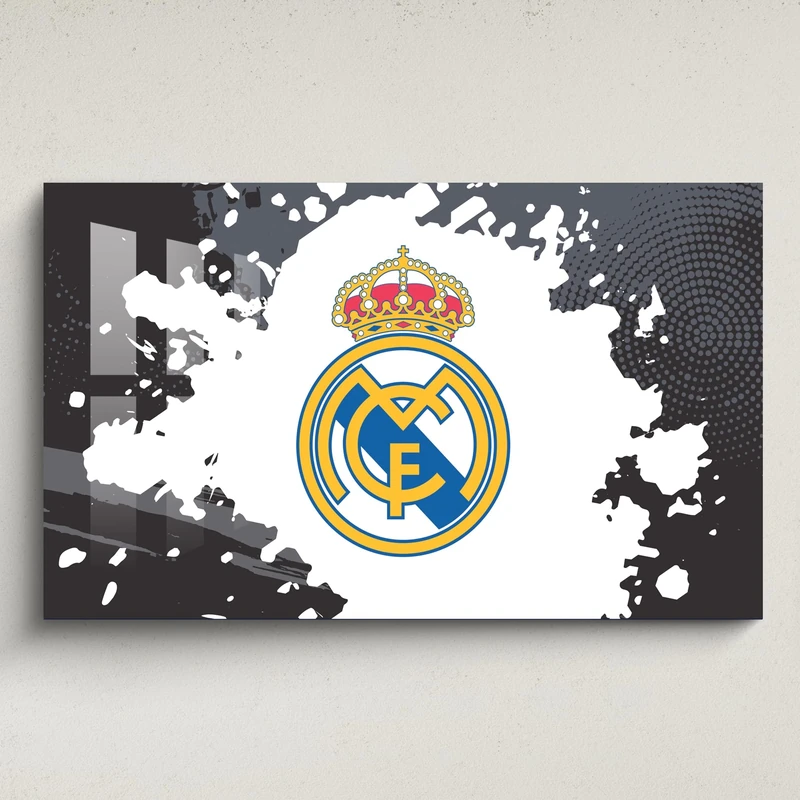 Licensed Décor Real Madrid Acrylic Wall Art - Medium (100cm (w) x 60cm (h) - Full Crest on Colour Splash Black & Grey