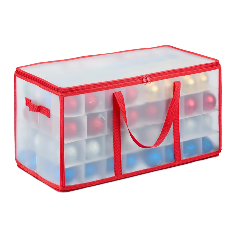Relaxdays Christmas Bauble Storage Box, 128 Compartments, Holiday Bag, 31 x 30 x 60 cm, Decor Spheres, Transparent/Red
