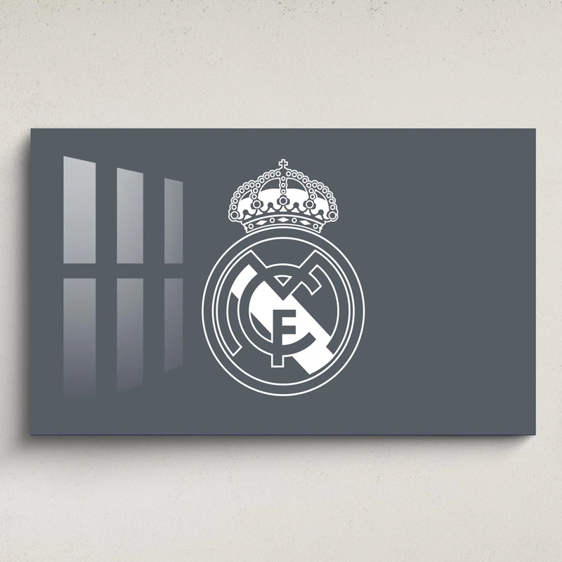 fan decor Licensed Décor Real Madrid Acrylic Wall Art - Large (130cm (w) x 80cm (h) - White Crest on Cool Grey