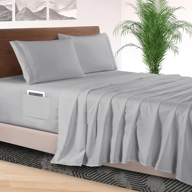Elegant Comfort 4-Piece Bed Sheet Set - Luxury Bedding 1500 Premium Hotel Quality Microfiber, All Around Elastic 18-24 Inches Deep Fitted Sheet- Extra Deep Pocket Sheets, Queen, Silver Grey