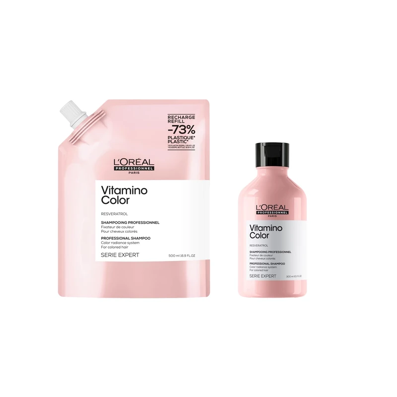 L'Oréal Professionnel Vitamino Color Shampoo 300ml and Refill pack 500mll for coloured hair, with Resveratrol