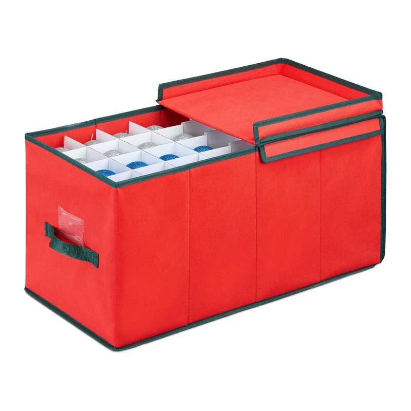 Relaxdays Christmas Bauble Storage Box, 128 Compartments, Viewing Window, HWD: 30 x 30 x 60 cm, Decor Spheres, Red/Green