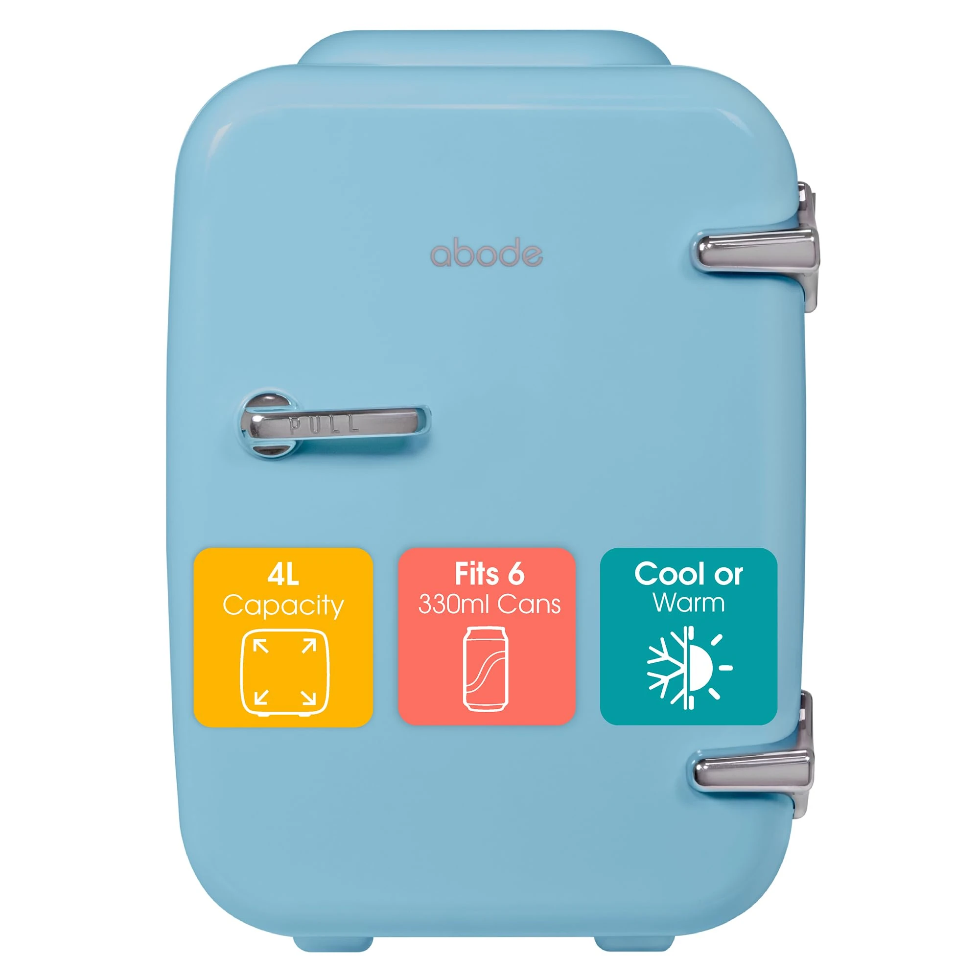 Abode Blue Mini Fridge A4CLR201BL 4L/6 Can Portable Thermoelectric Mini Cooler & Warmer for Drinks, Cosmetics/Makeup/Skincare, AC/DC Power, Retro Style, For Bedroom, Home, Caravan, Car