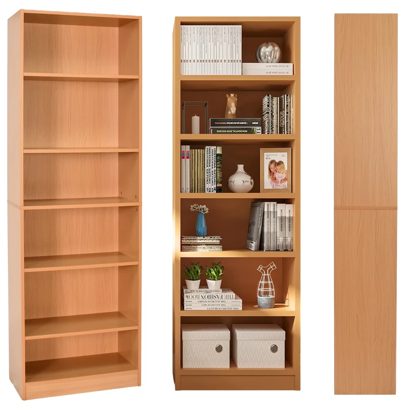 Absolute Deal Limited 6 Tier Tall Wooden Book Shelf with Adjustable Shelves – Narrow Freestanding Storage Unit for Living Room, Bedroom, Home Office, Compact Display Unit (60 x 29 x 180 cm)