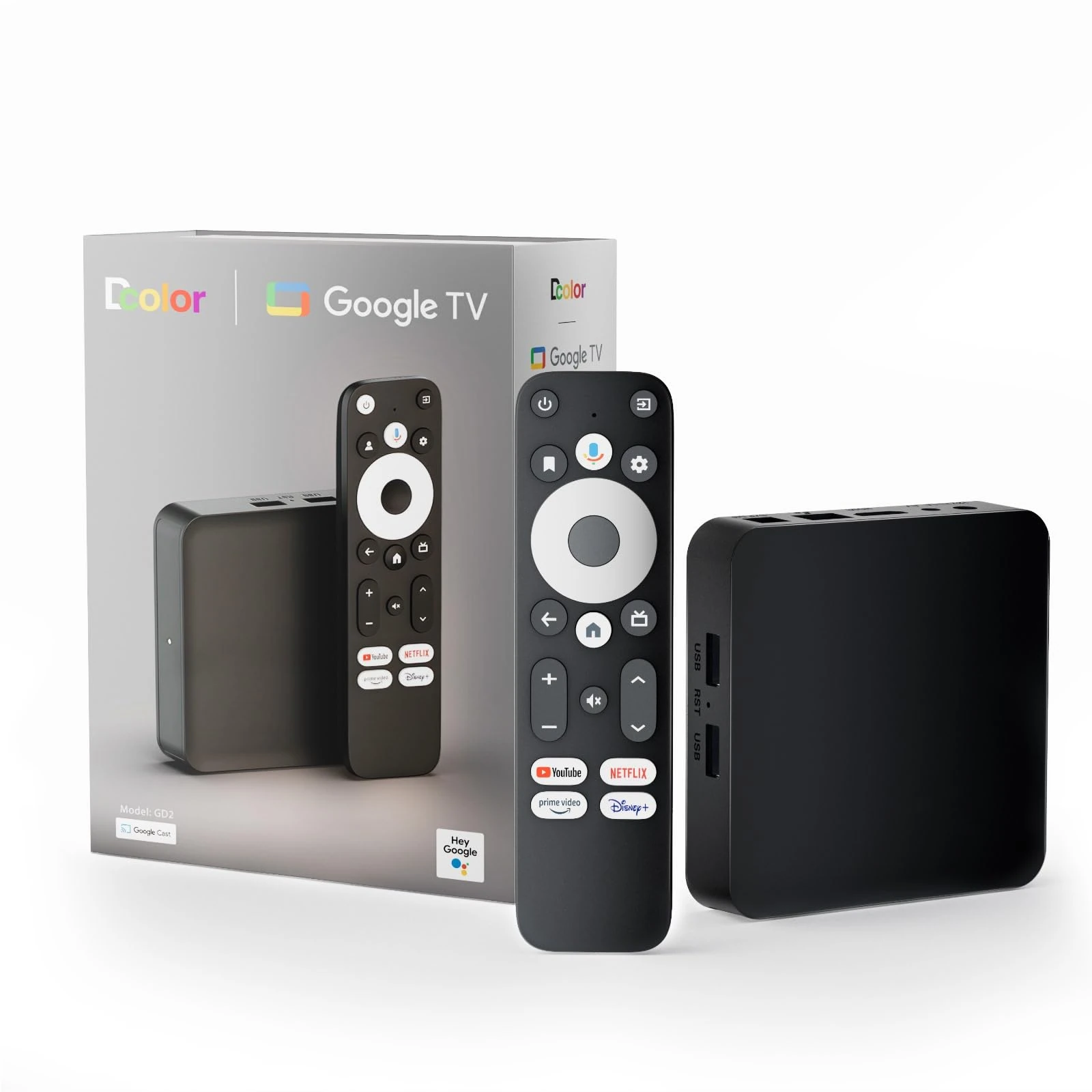 XstreamTec Dcolor GD2 Android Google TV Certified 4K Streamer Media Player Box Voice Assistant Remote Chromecast Built-In Smart Home Control WiFi Netflix Prime Video Play Store HDR10 Dolby Audio 32GB