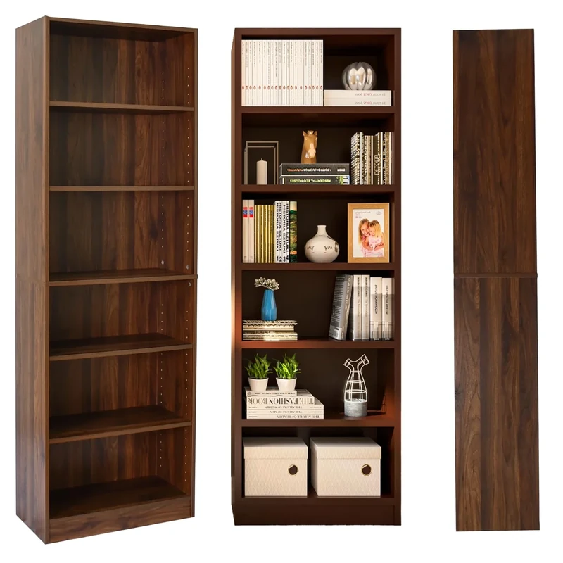 Absolute Deal Limited 6 Tier Tall Wooden Book Shelf with Adjustable Shelves – Narrow Freestanding Storage Unit for Living Room, Bedroom, Home Office, Compact Display Unit (60 x 29 x 180 cm)