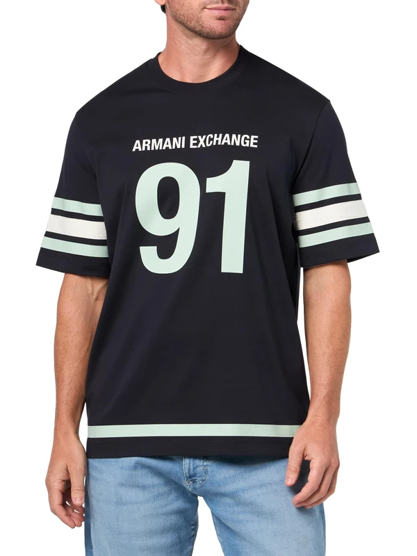 Armani Exchange Men's Short Sleeve 91 Print Detail Stripe Round Collar T-Shirt Blue XXL, deep Navy, XXL