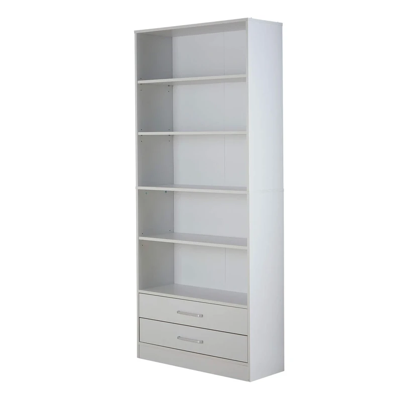 Home Source Storage Bookcase, 5 Tier Open Adjustable Shelving, Display Storage Cabinet, 2 Drawer, White