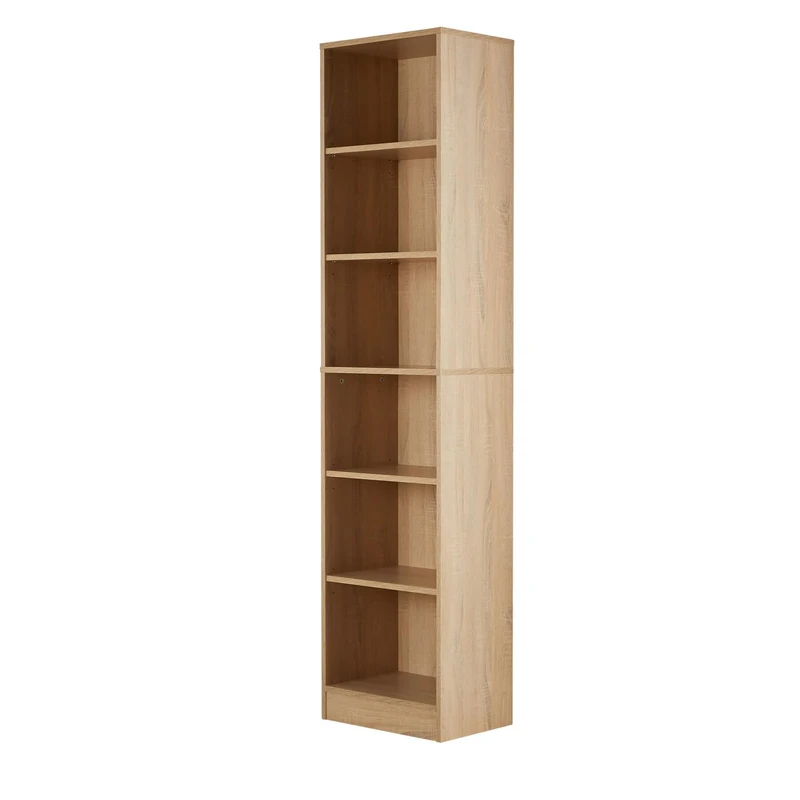 Home Source Tall Bookcase, Narrow Open Adjustable Shelves, Display Storage Cabinet, 6 Tier, Oak Effect