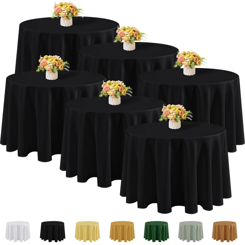 Fitable Black Round Tablecloths - 6 Pack, 108 Inches in Diameter - Stain Resistant and Washable Table Clothes, Polyester Fabric Table Covers for Wedding, Party, Banquet, Formal Events