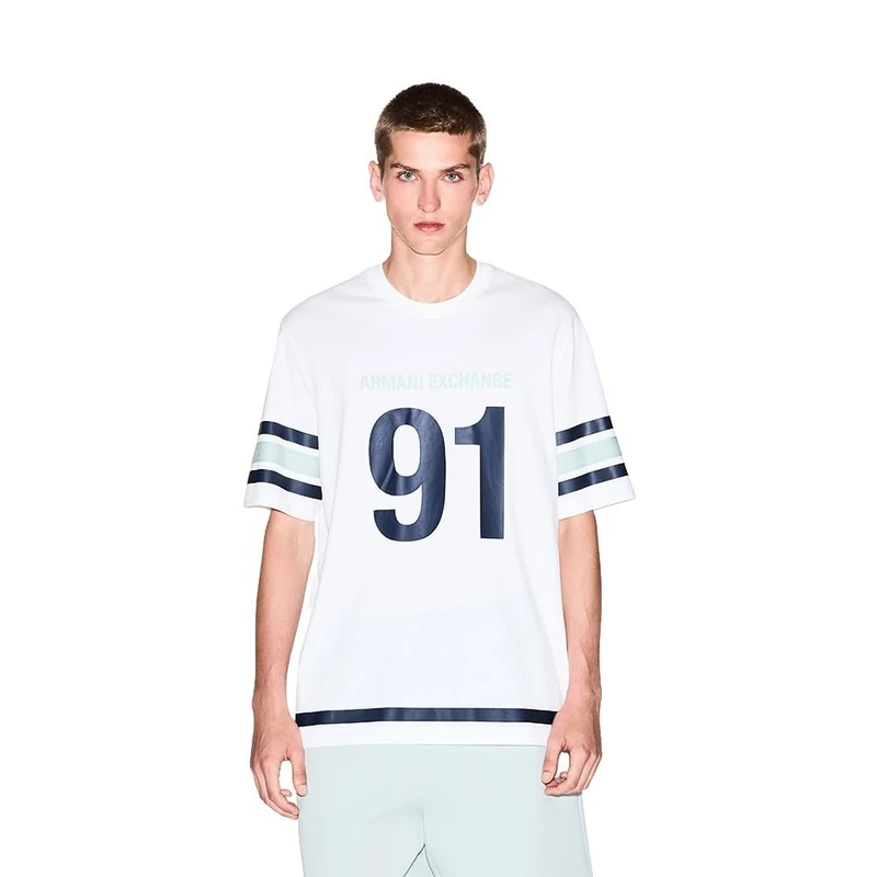 Armani Exchange Men's Short Sleeve 91 Print Detail Stripe Round Collar T-Shirt Off White XL, Off White, XL