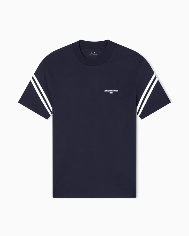 Armani Exchange Men's Striped Sleeve Side Logo Round Collar T-Shirt Blue S, deep Navy, S