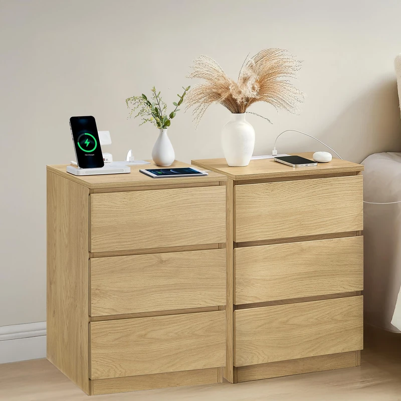 VASAGLE KAILYN Collection - Bedside Tables with Power Strip, Set of 2 Side End Tables with Drawers, 2 AC Outlets, 2 USB Ports, for Living Room, Bedroom, Study, Straw Yellow LET831Y71