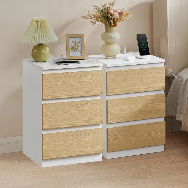 VASAGLE KAILYN Collection - Bedside Tables with Power Strip, Set of 2 Side End Tables with Drawers, 2 AC Outlets, 2 USB Ports, for Living Room, Bedroom, Study, Cloud White and Almond Yellow LET831Y02