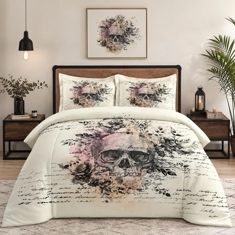 WeCozy King Size Comforter Set with 2 Pillowcases, Skeleton Evil Rock 3 Pcs Bedding Set for Kids and Adults, Roll Gothic Skull Soft Comforter Set for Bedroom Bed Decor