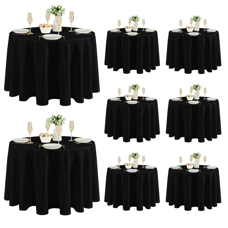 Fitable 8 Pack Round Tablecloths: Stain Resistant Wrinkle Free Circle Table Clothes, Washable Reusable Polyester Table Covers for Wedding Party Birthday Banquet Reception(Black, 120 Inch)