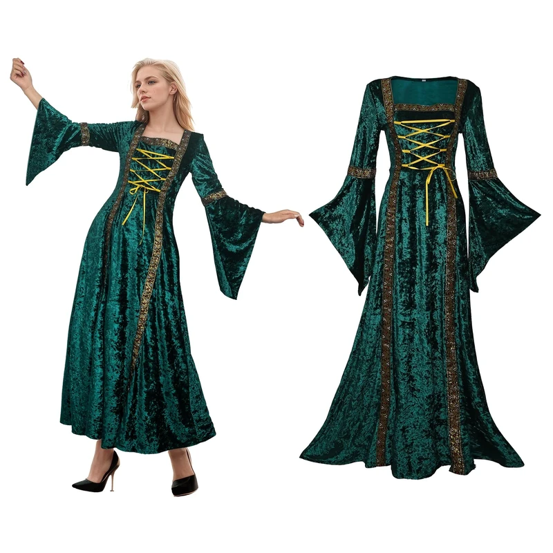 YORDET Medieval Women Velvet Dress Renaissance Costumes Victorian Vintage Robe Helloween Cosplay Party (Green, L)