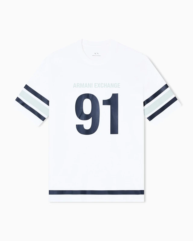 Armani Exchange Men's Short Sleeve 91 Print Detail Stripe Round Collar T-Shirt Off White XS, Off White, XS