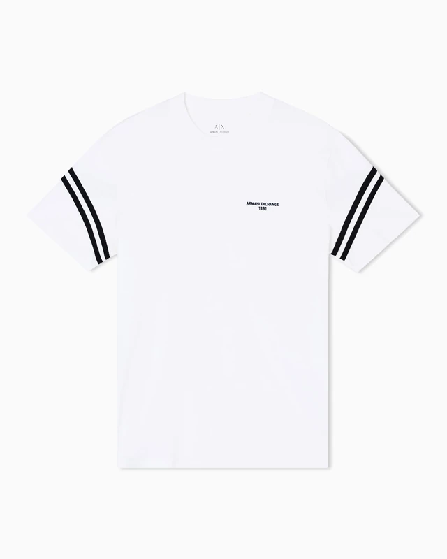 Armani Exchange Men's Striped Sleeve Side Logo Round Collar T-Shirt Off White XXL, Off White, XXL