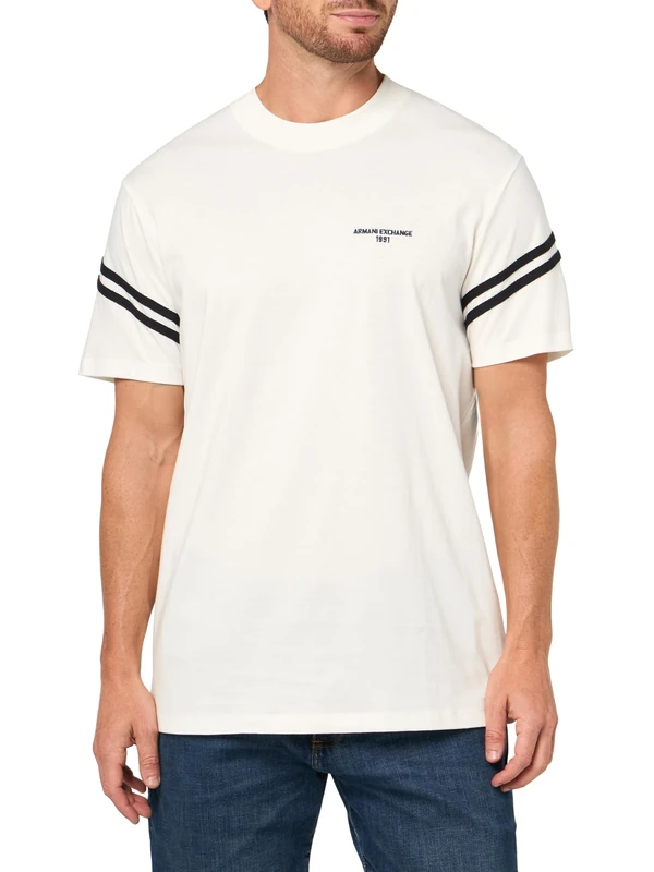 Armani Exchange Men's Striped Sleeve Side Logo Round Collar T-Shirt Off White L, Off White, L