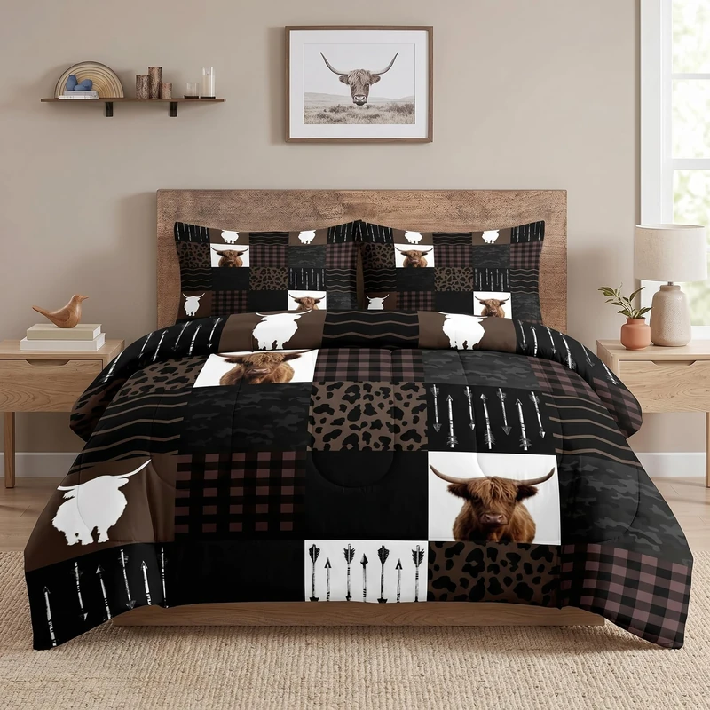 WeCozy Queen Size Comforter Set with 2 Pillowcases, Vintage Print Brown Farm 3 Pcs Bedding Set for Kids and Adults, Highland Cow Animal Soft Comforter Set for Bedroom Bed Decor