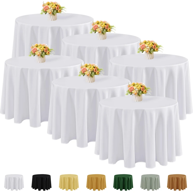 Fitable 6 Pack White Round Tablecloths - 120 Inches in Diameter