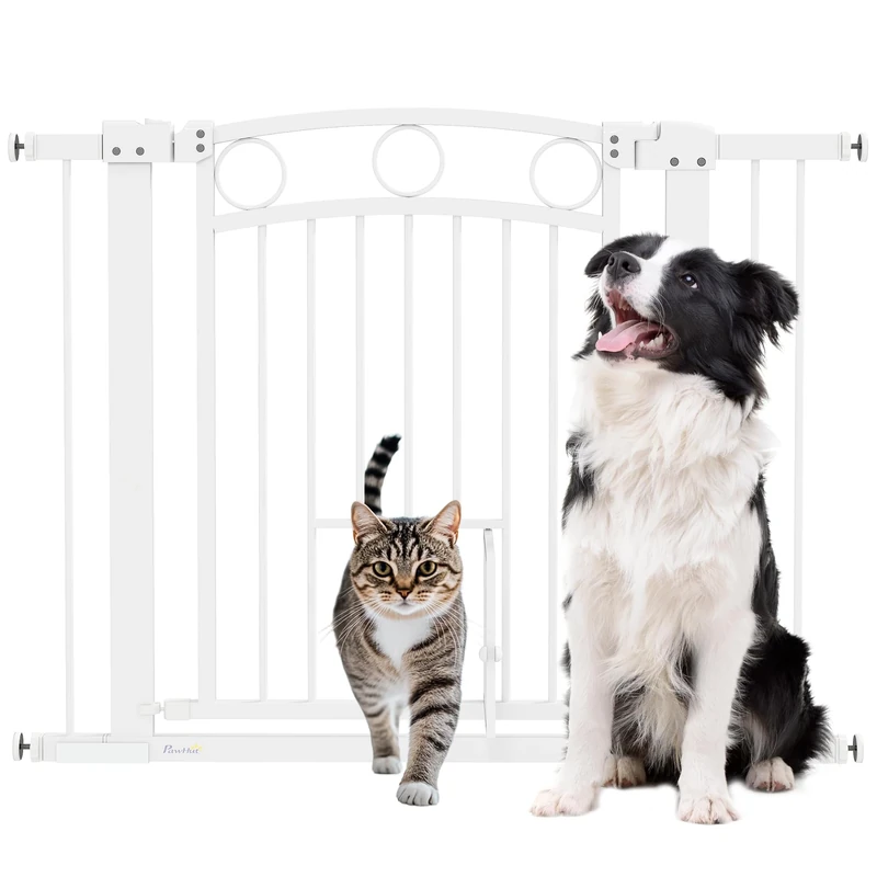 PawHut Stair Gate, 77cm Extra Tall Dog Gate with Adjustable Width, 76-104cm Pressure Fit Safety Gate with Cat Door, 7cm and 14cm Extensions, for Stairs, Doorways, Easy Installation, White - Image 1