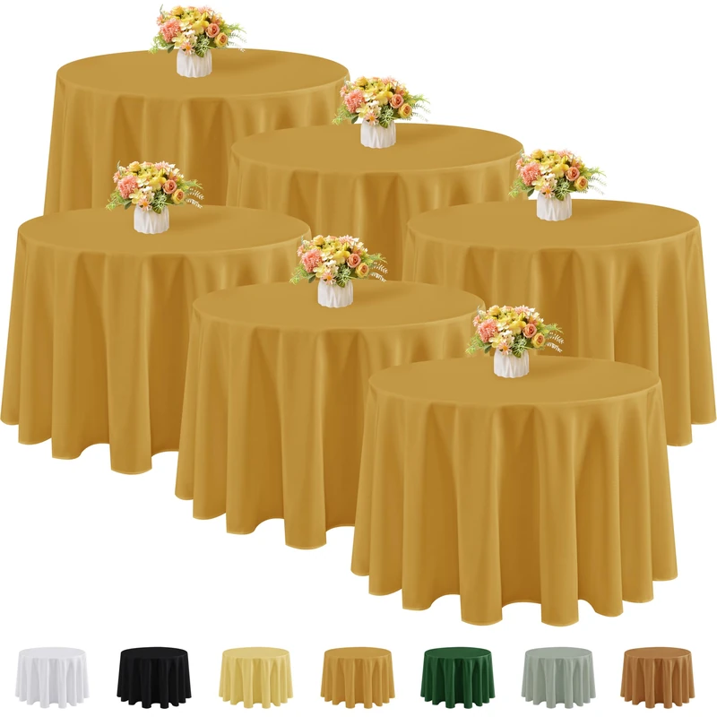 Fitable 6 Pack Gold Round Tablecloths - 108 Inches Round - Wrinkle and Stain Resistant Fabric Table Clothes, Washable Polyester Table Covers for Wedding, Party, Banquet, Formal Events